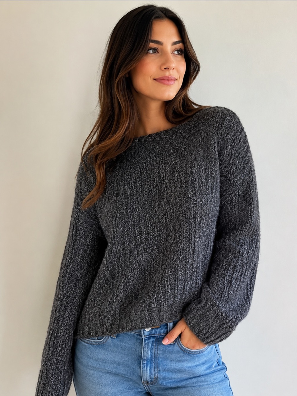 IVY Charcoal Gray Knit Sweater Soft Long Sleeve Pullover - Size L